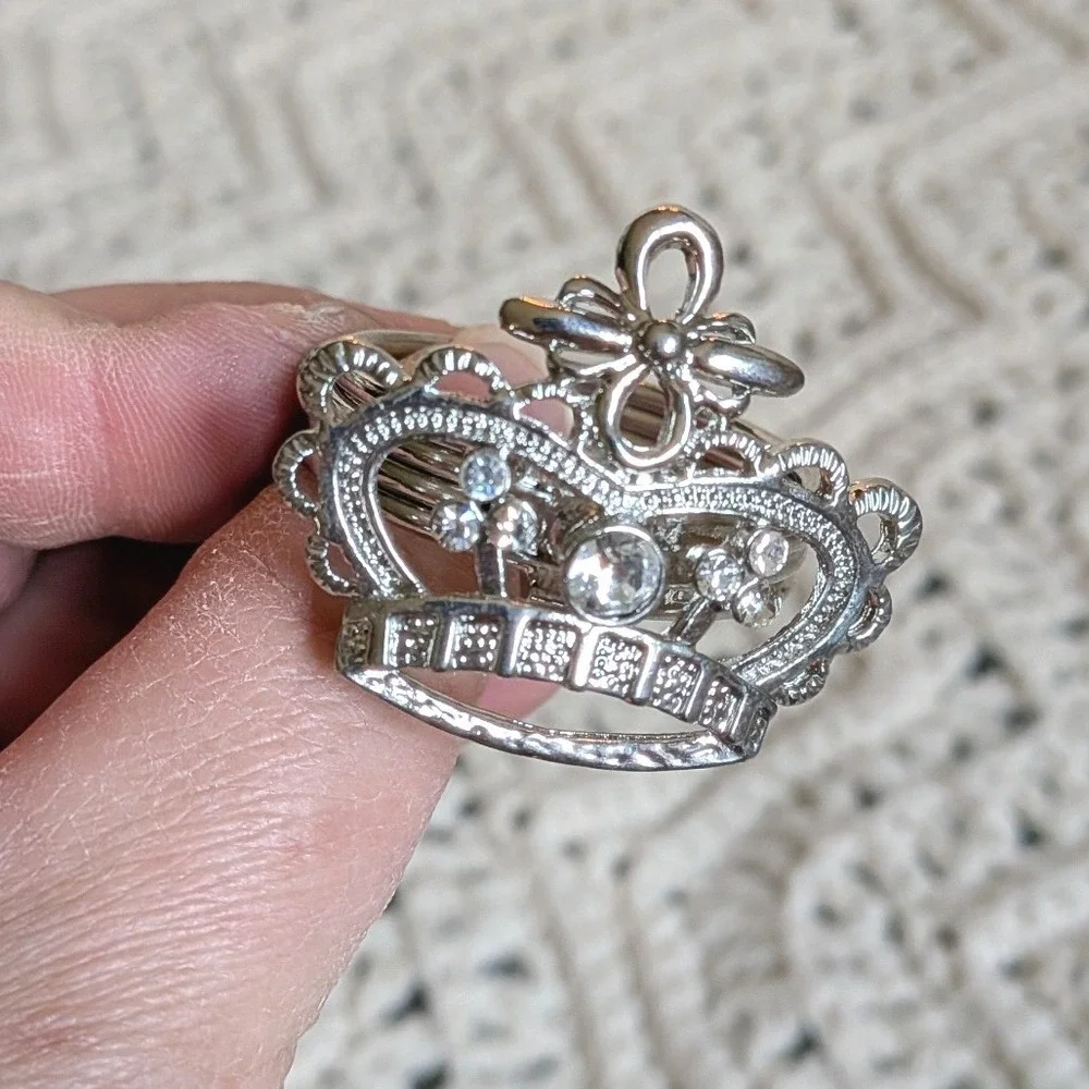Silver Crown Napkin Rings Set of 6 Rhinestone Tiara Princess Table Decor
